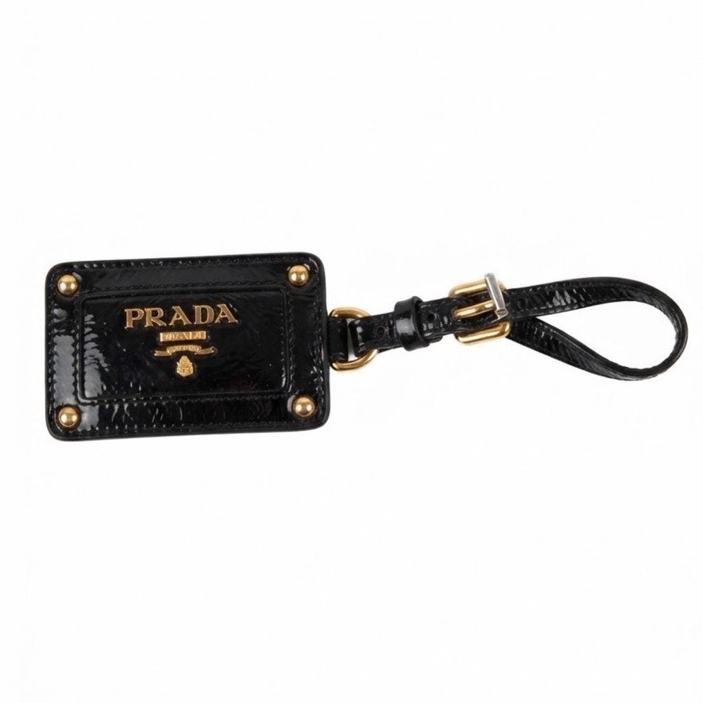 Prada Black Patent Leather Luggage Tag Gold Hardware Milano Logo Studded Tag